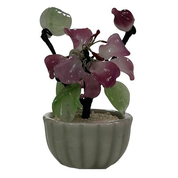 Asian Glass Bonsai Shell Flower Tree Jade Green Planter Pot Pink Green - Picture 2 of 10